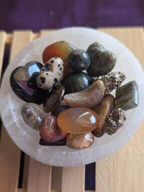 Mossy EARTH TONES Bowl ⭐ Agate Jasper Tiger's Eye Dragon's Blood Quartz Crystals